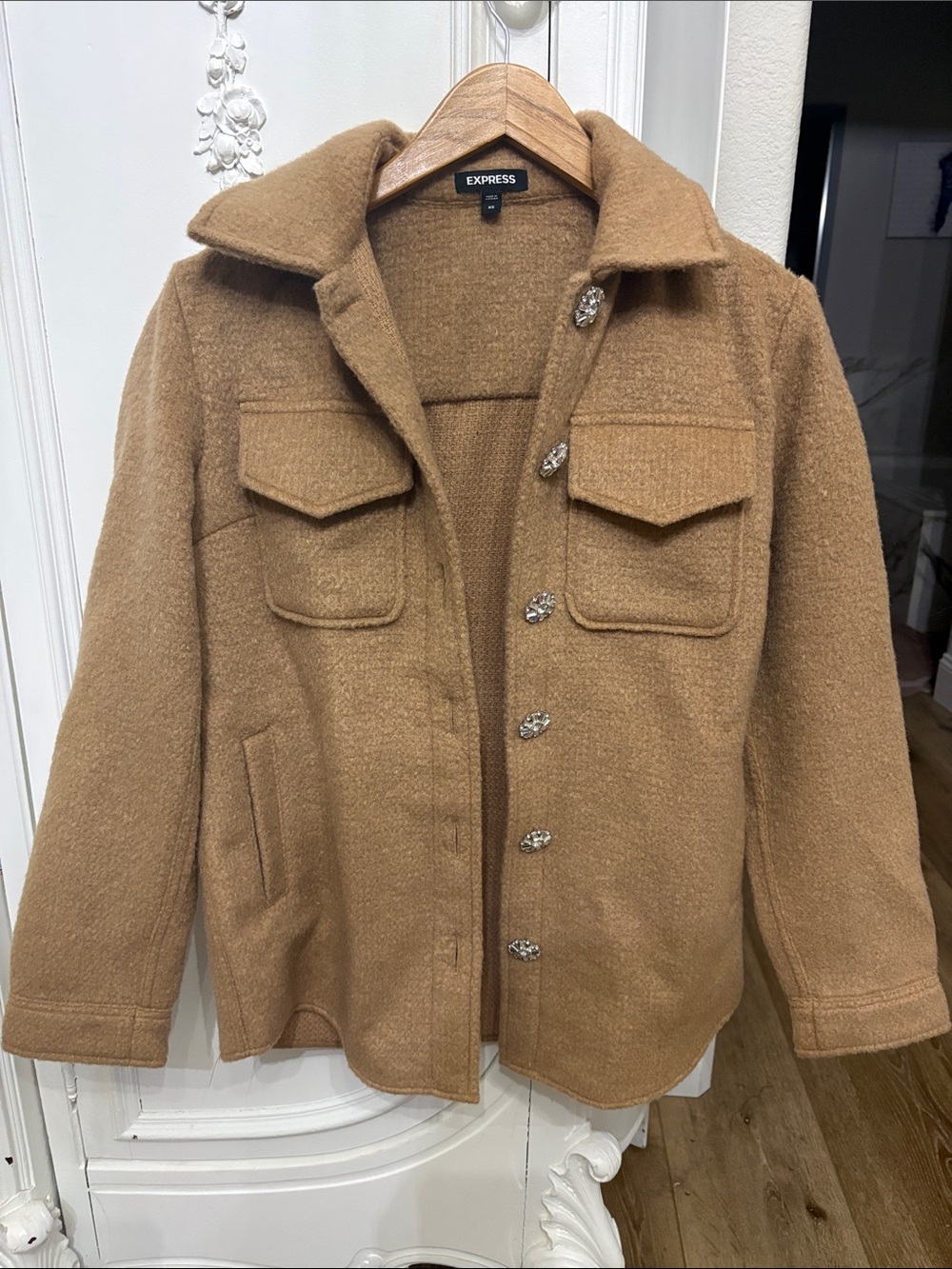 Express Camel Button-Front Pea Coat with Decorative Buttons